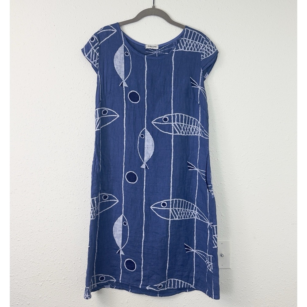Puro Lino Linen Tunic Dress Blue Fish Print Midi Made In Italy Lagenlook Boho M